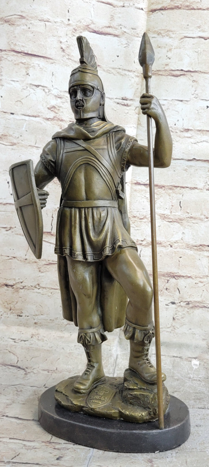 SIGNED BRONZE STATUE ROMAN GOD OF WAR WARRIOR MILITARY SCULPTURE ON MARBLE SALE