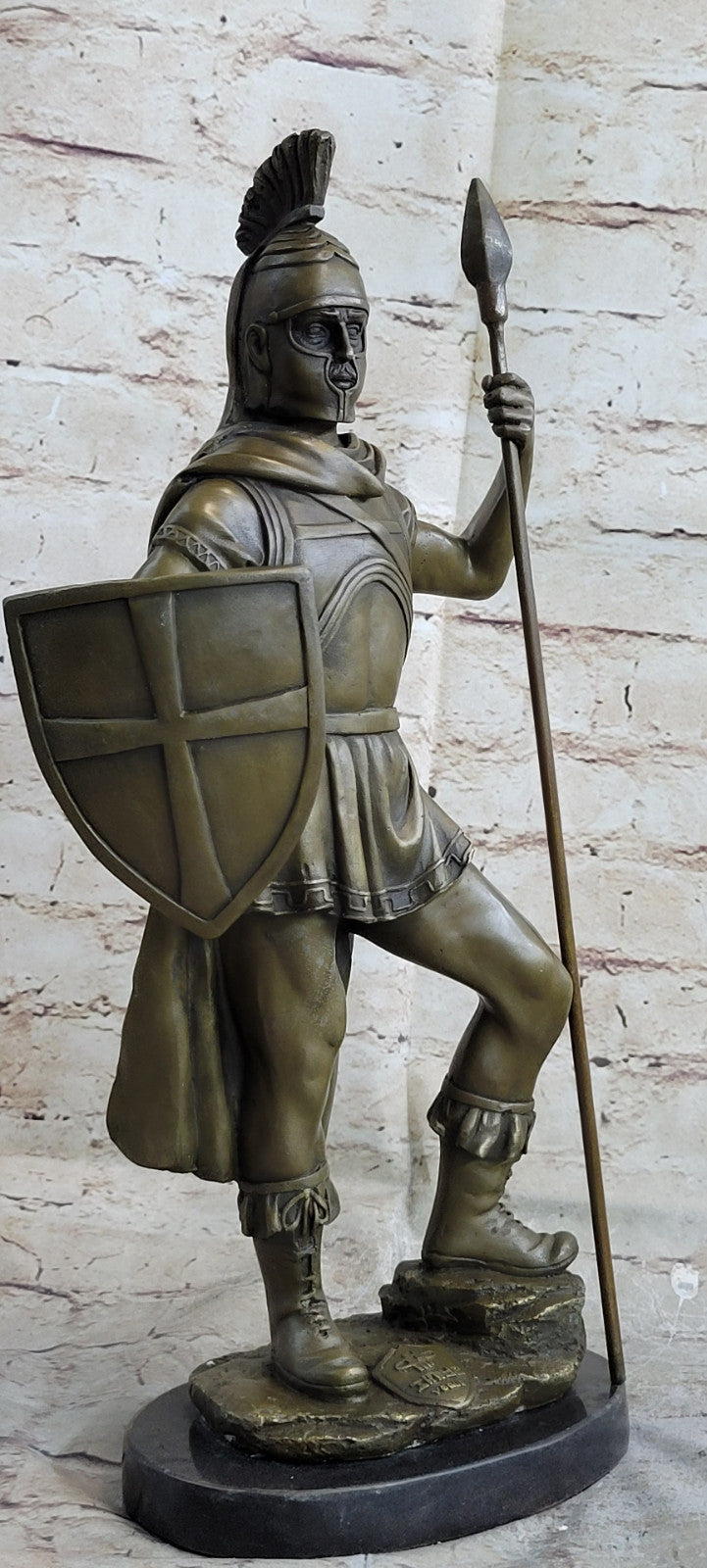 SIGNED BRONZE STATUE ROMAN GOD OF WAR WARRIOR MILITARY SCULPTURE ON MARBLE SALE