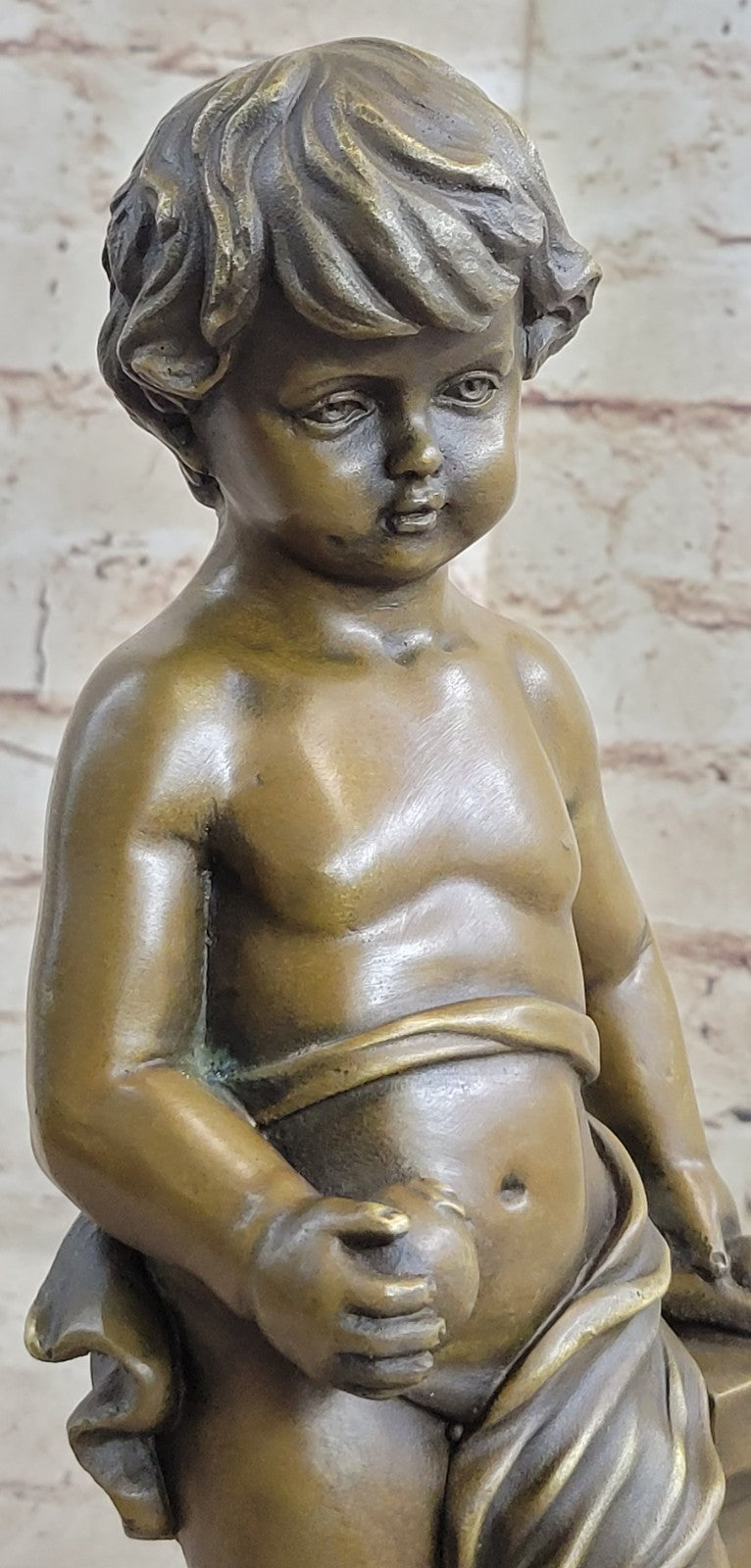 Handcrafted Bronze Art Nude Little Boy Holding Apple Sculpture Statue Figure