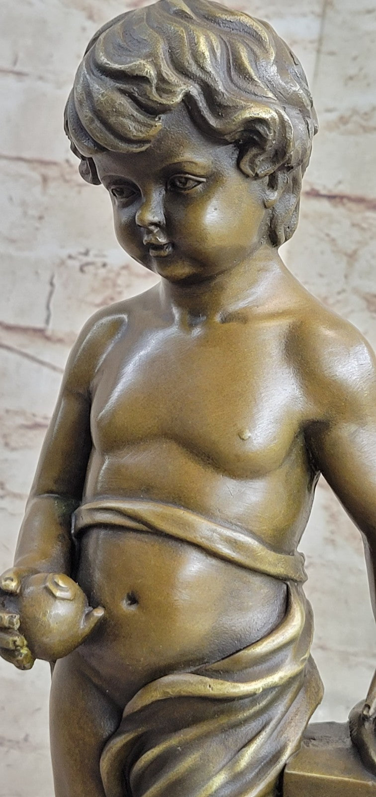 Handcrafted Bronze Art Nude Little Boy Holding Apple Sculpture Statue Figure