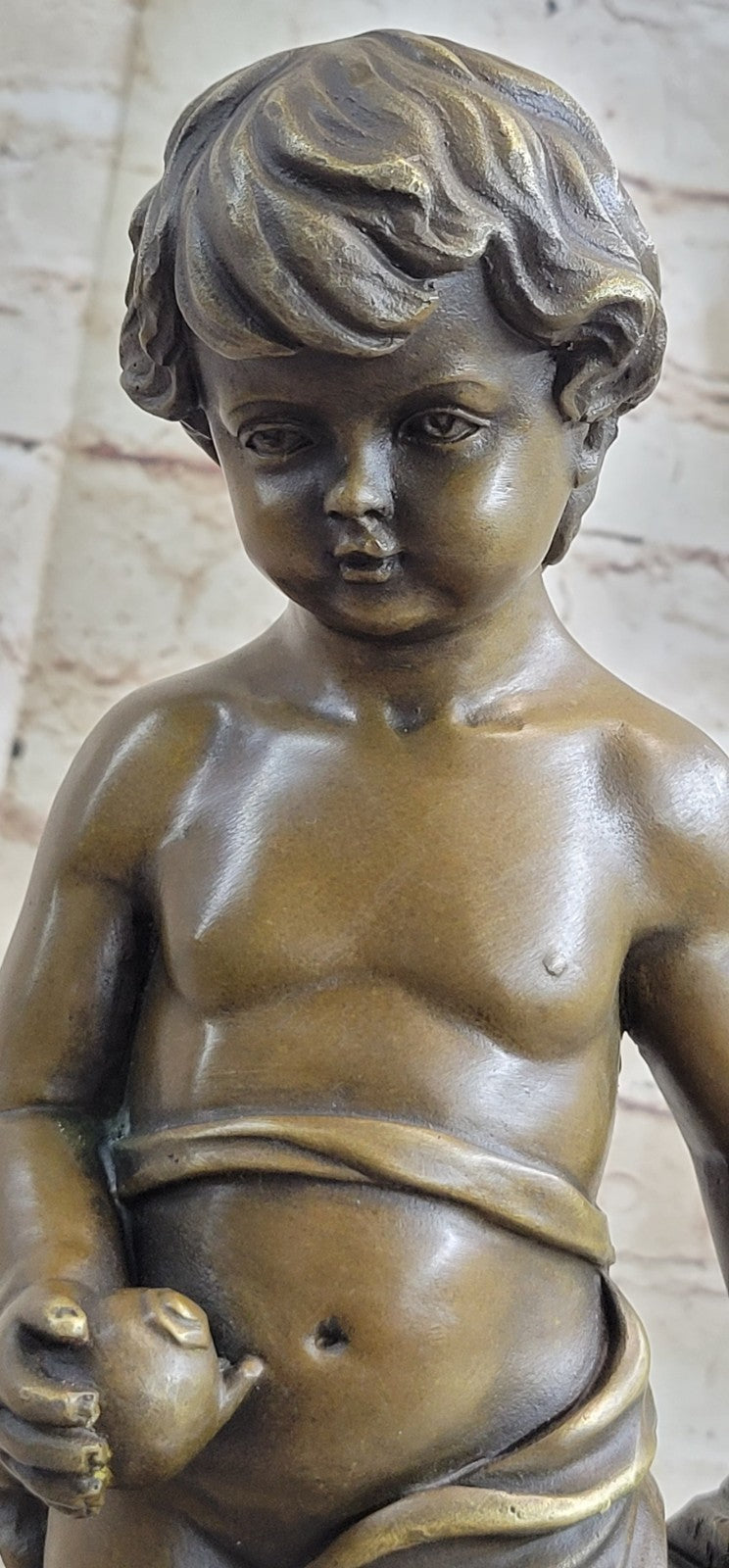 Handcrafted Bronze Art Nude Little Boy Holding Apple Sculpture Statue Figure