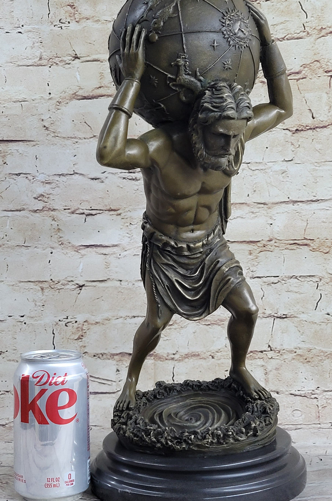 Beautiful Male Atlas Holding the World Bronze Sculpture Marble Base Figurine Decor