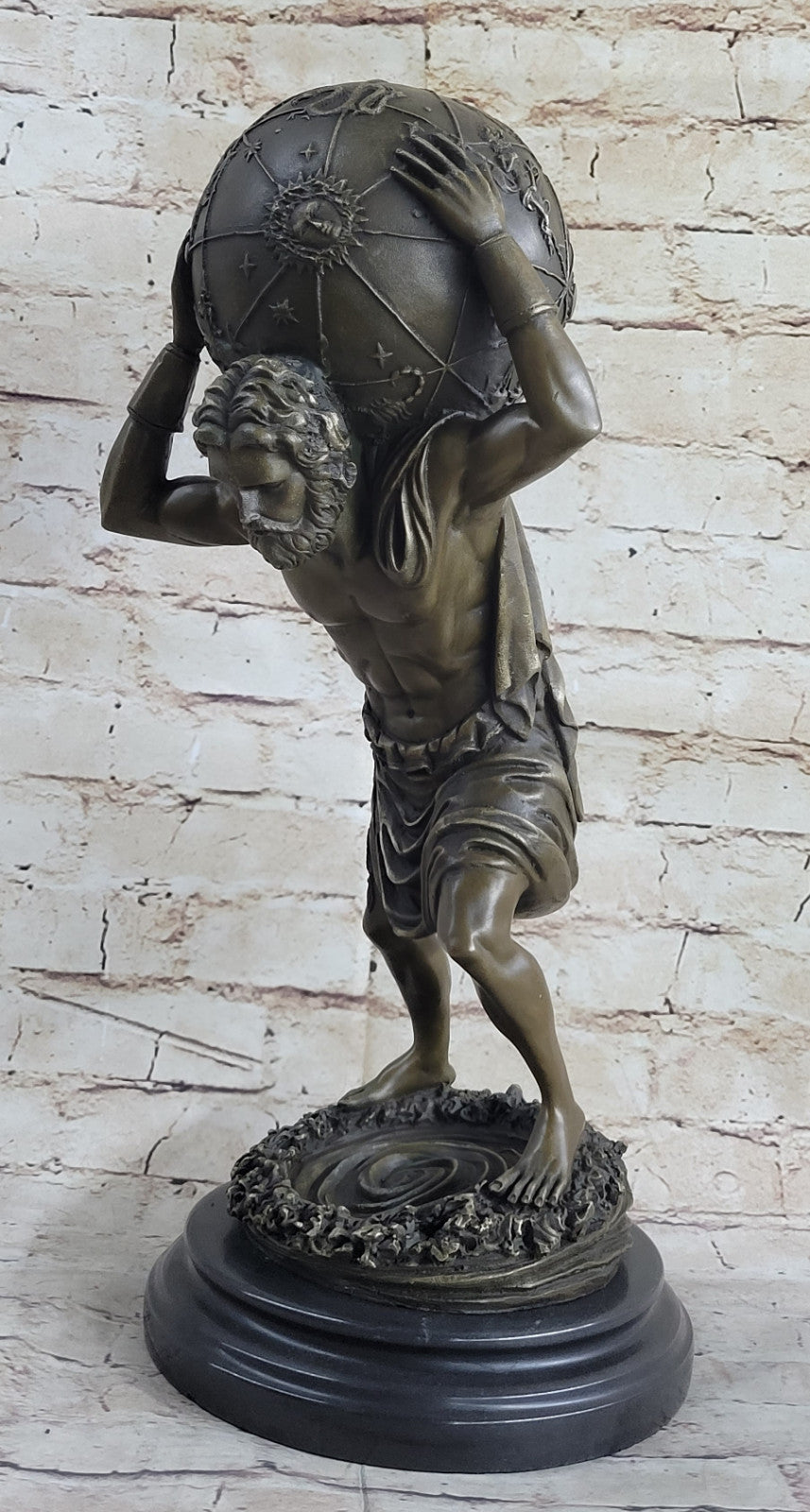 Beautiful Male Atlas Holding the World Bronze Sculpture Marble Base Figurine Decor