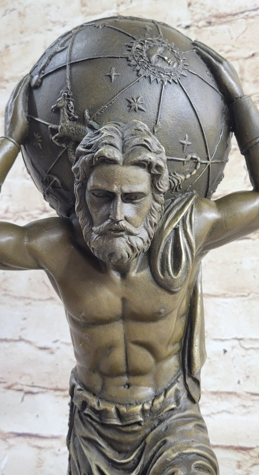 Beautiful Male Atlas Holding the World Bronze Sculpture Marble Base Figurine Decor