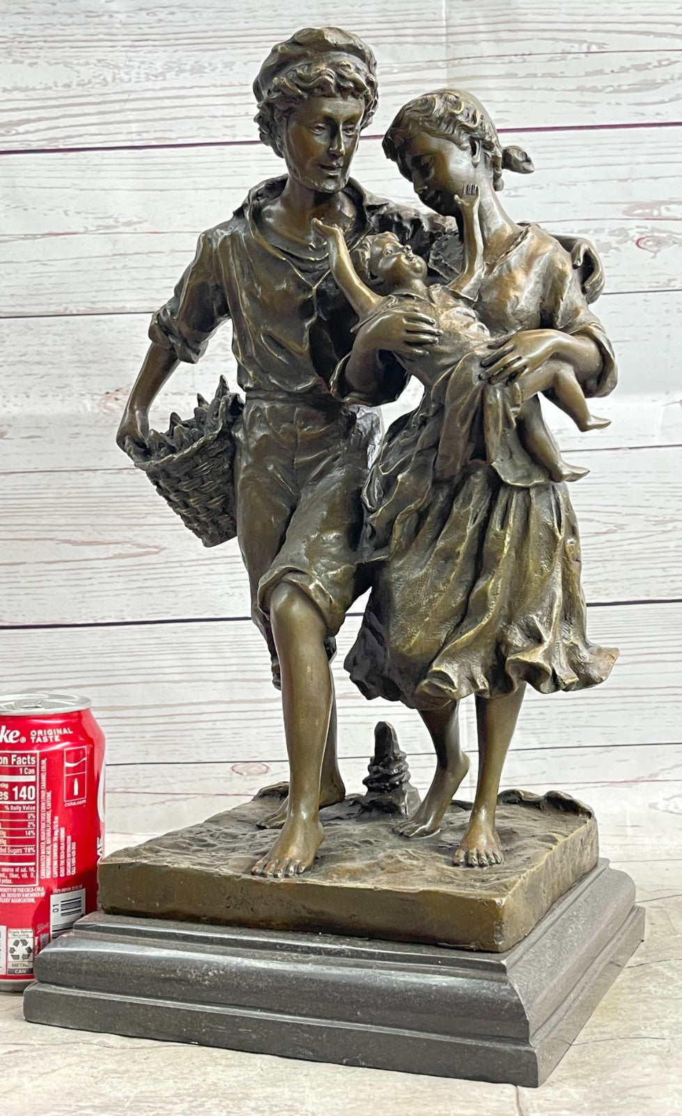Handcrafted Vintage Man and woman Holding a Baby Real Bronze Sculpture statue