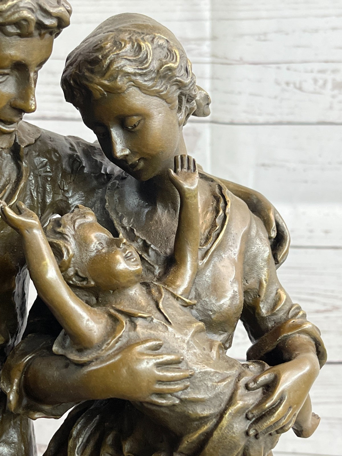 Handcrafted Vintage Man and woman Holding a Baby Real Bronze Sculpture statue