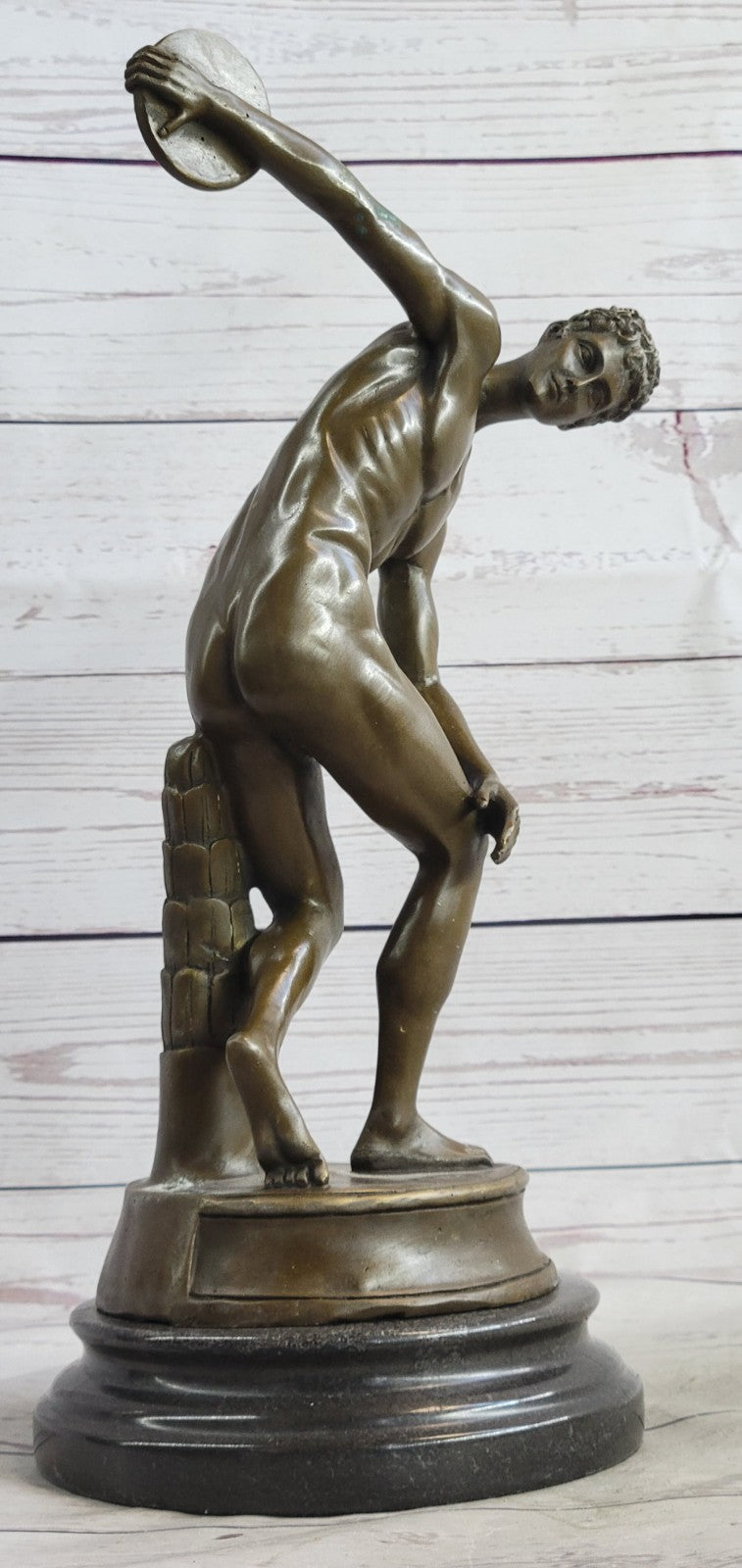 Discus Thrower Grand Tour Bronze Statue On Black Marble Base European Artwork