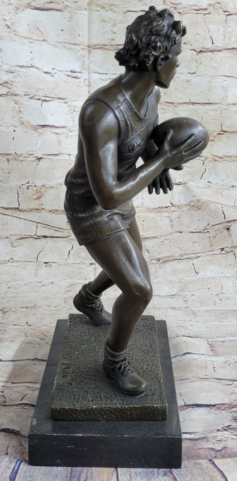 Art Deco 100% Bronze Marble Sculpture Statue Figure Rugby Football Player Deco