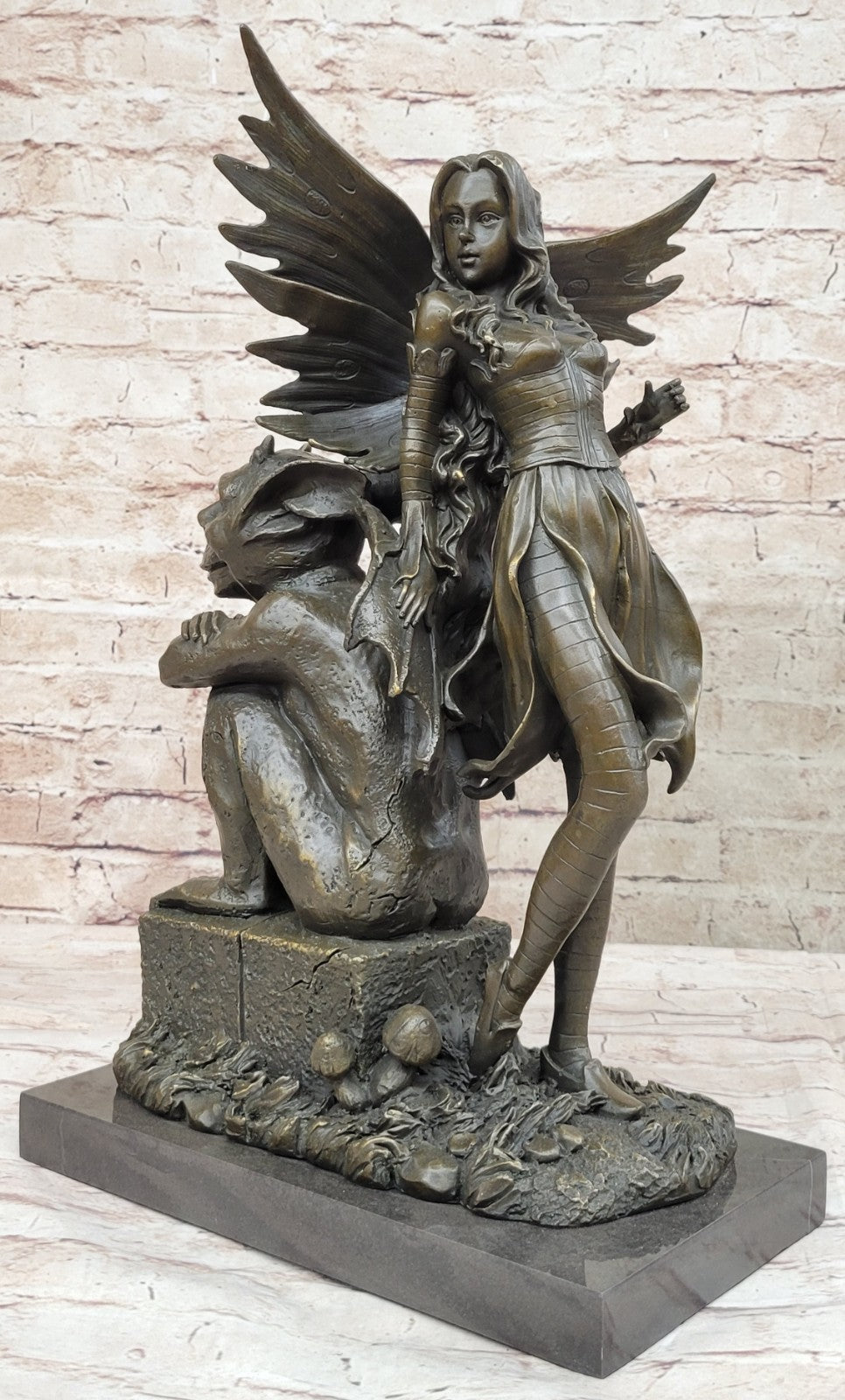 Mythical Magic: Hot Cast Bronze Art Deco Fairy with Gargoyle by Aldo Vitaleh