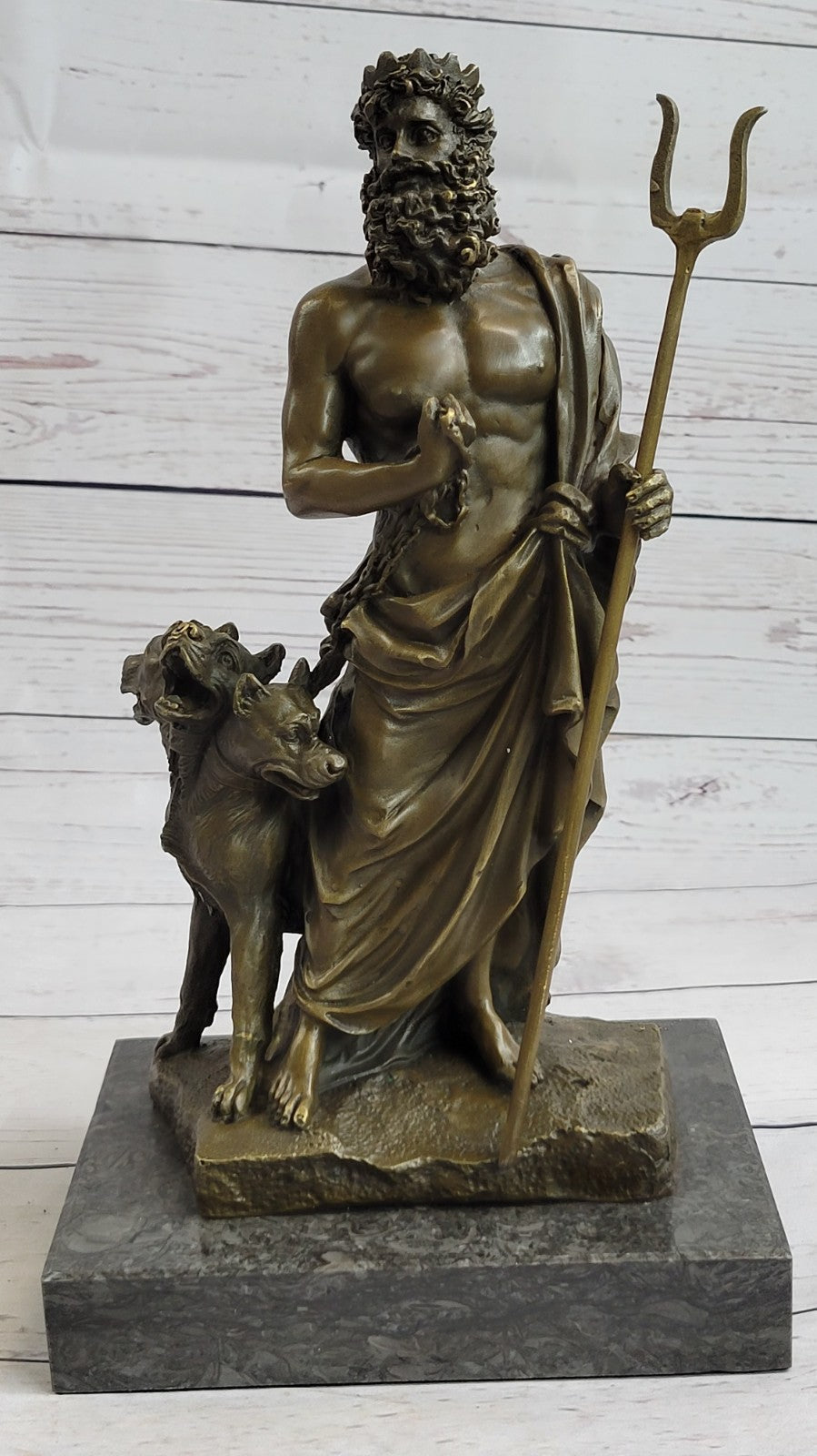 Signed Greek God Pluto With Dogs Mythical Bronze Sculpture Statue Figure Decor