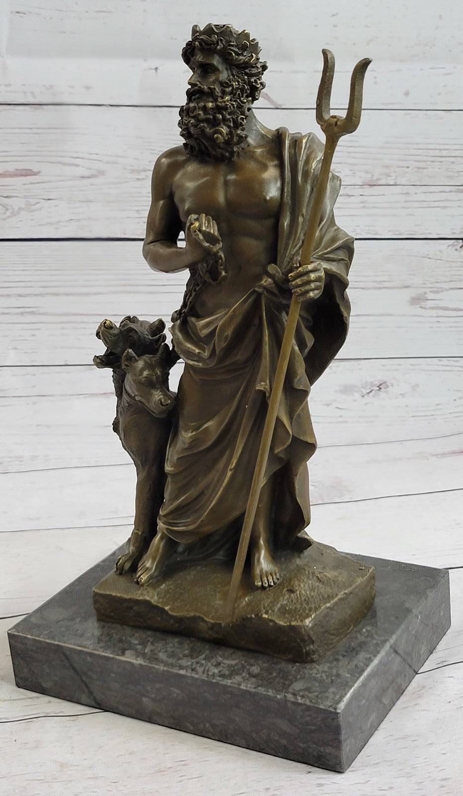 Signed Greek God Pluto With Dogs Mythical Bronze Sculpture Statue Figure Decor