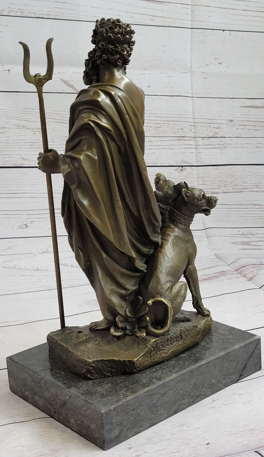 Signed Greek God Pluto With Dogs Mythical Bronze Sculpture Statue Figure Decor