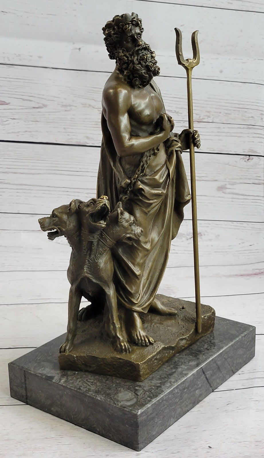 Signed Greek God Pluto With Dogs Mythical Bronze Sculpture Statue Figure Decor