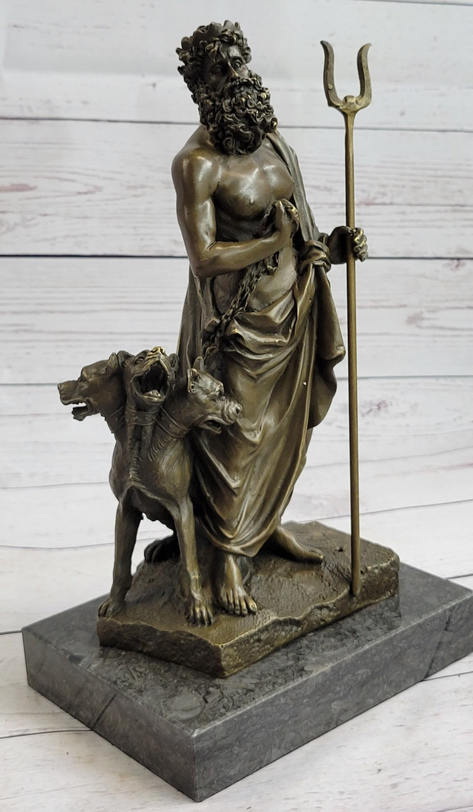 Signed Greek God Pluto With Dogs Mythical Bronze Sculpture Statue Figure Decor