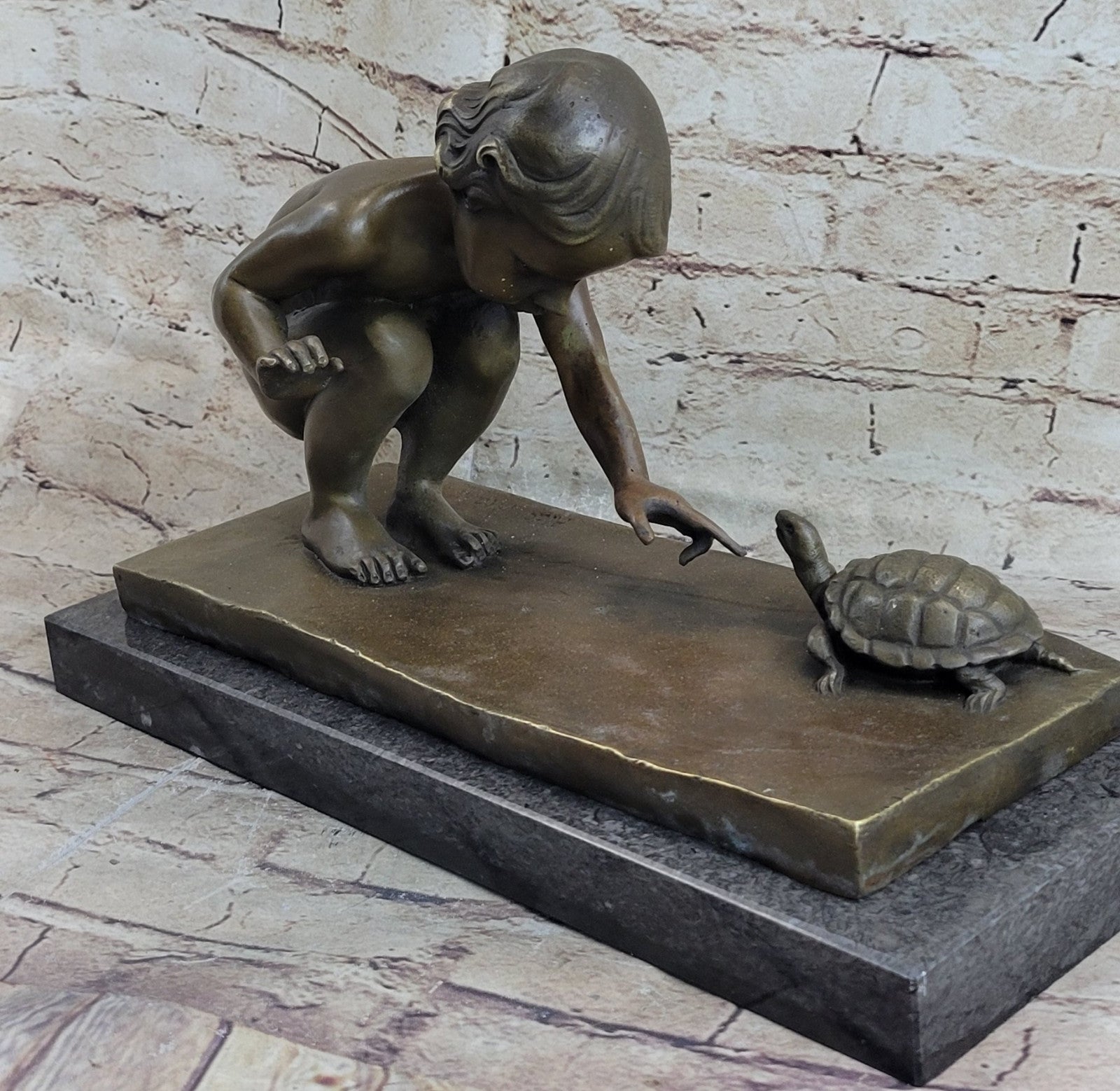 Art Deco Nude Baby Girl Playing with Turtle Bronze Sculpture Figurine Figure
