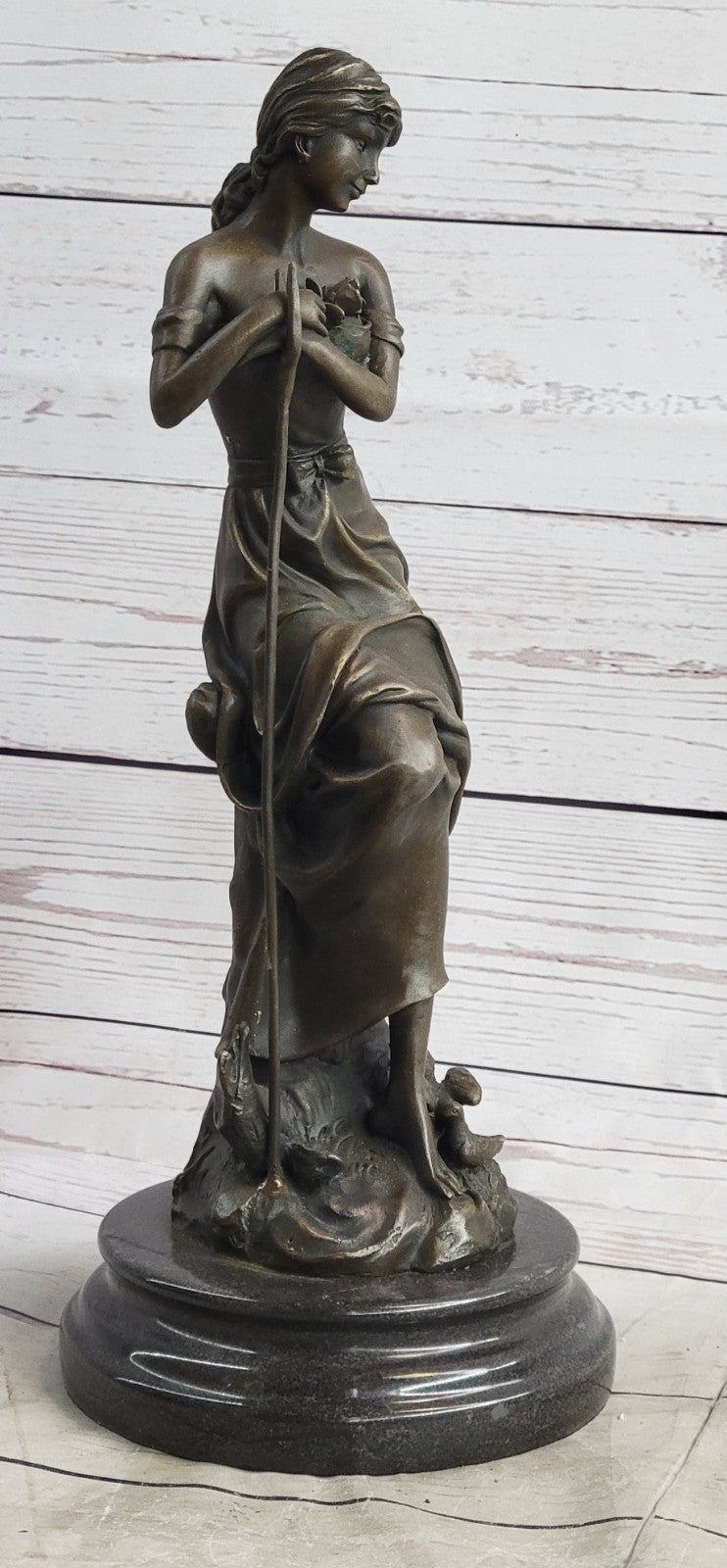 Art Nouveau Sexy Maiden Holding Rose Flower in Garden Bronze Sculpture Figure