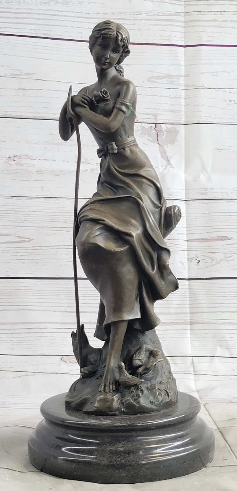 Art Nouveau Sexy Maiden Holding Rose Flower in Garden Bronze Sculpture Figure