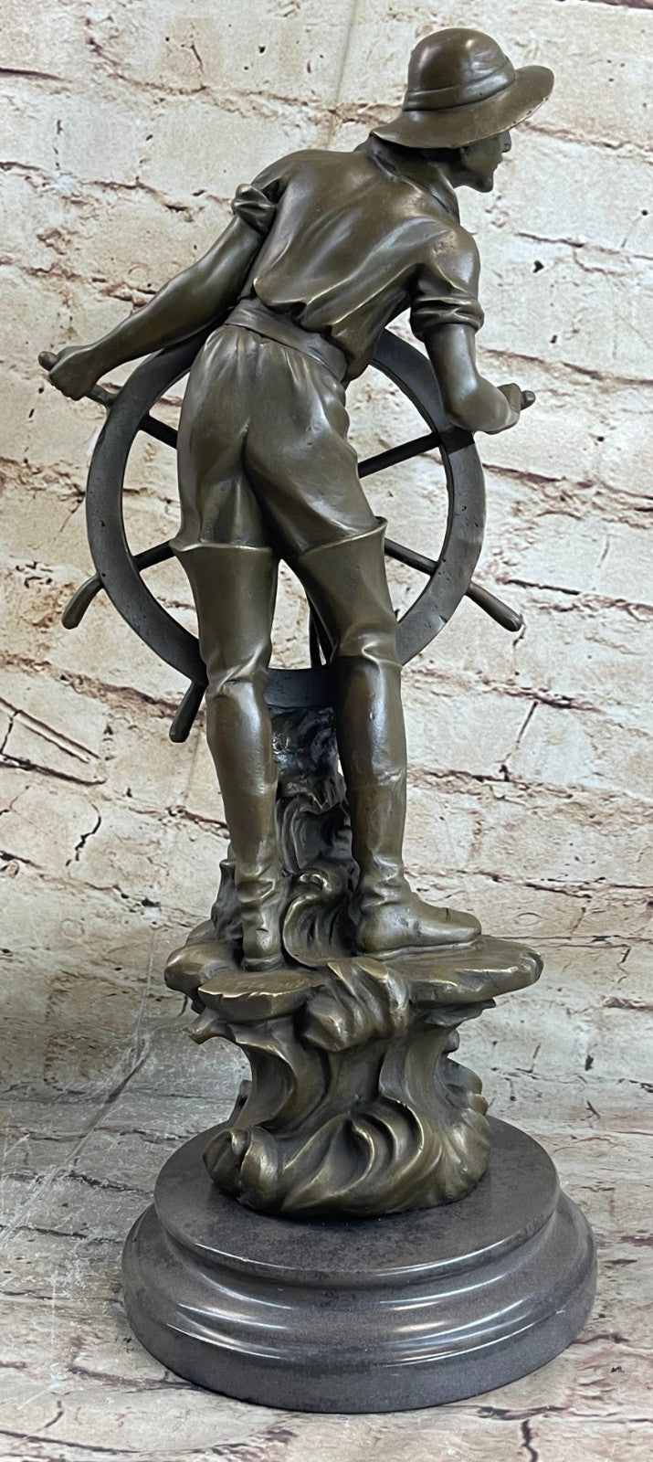 Bronze Sculpture Statue Fishing Fisherman Old Man Sea Captain Vintage