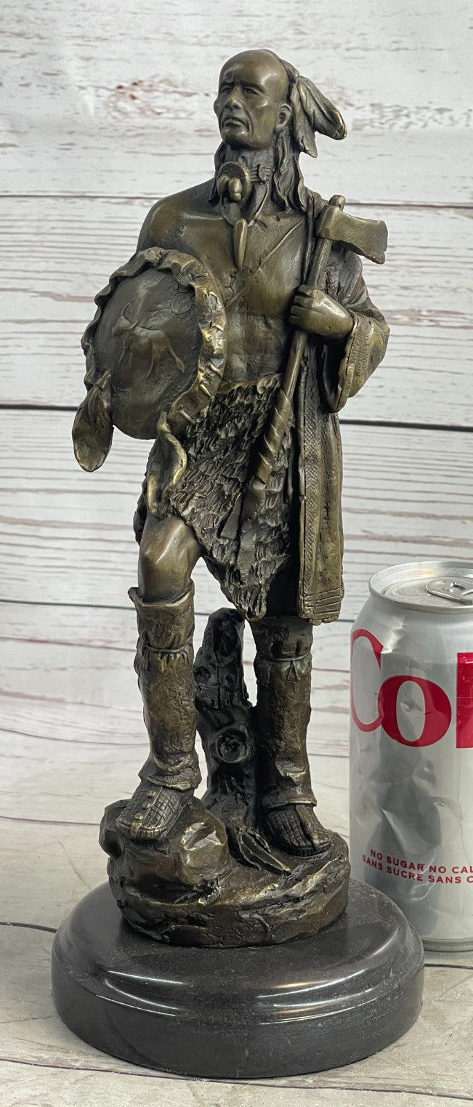 Handcrafted Hot Cast Indian Chief with Ax and Shield Bronze Figurine Figure Stat