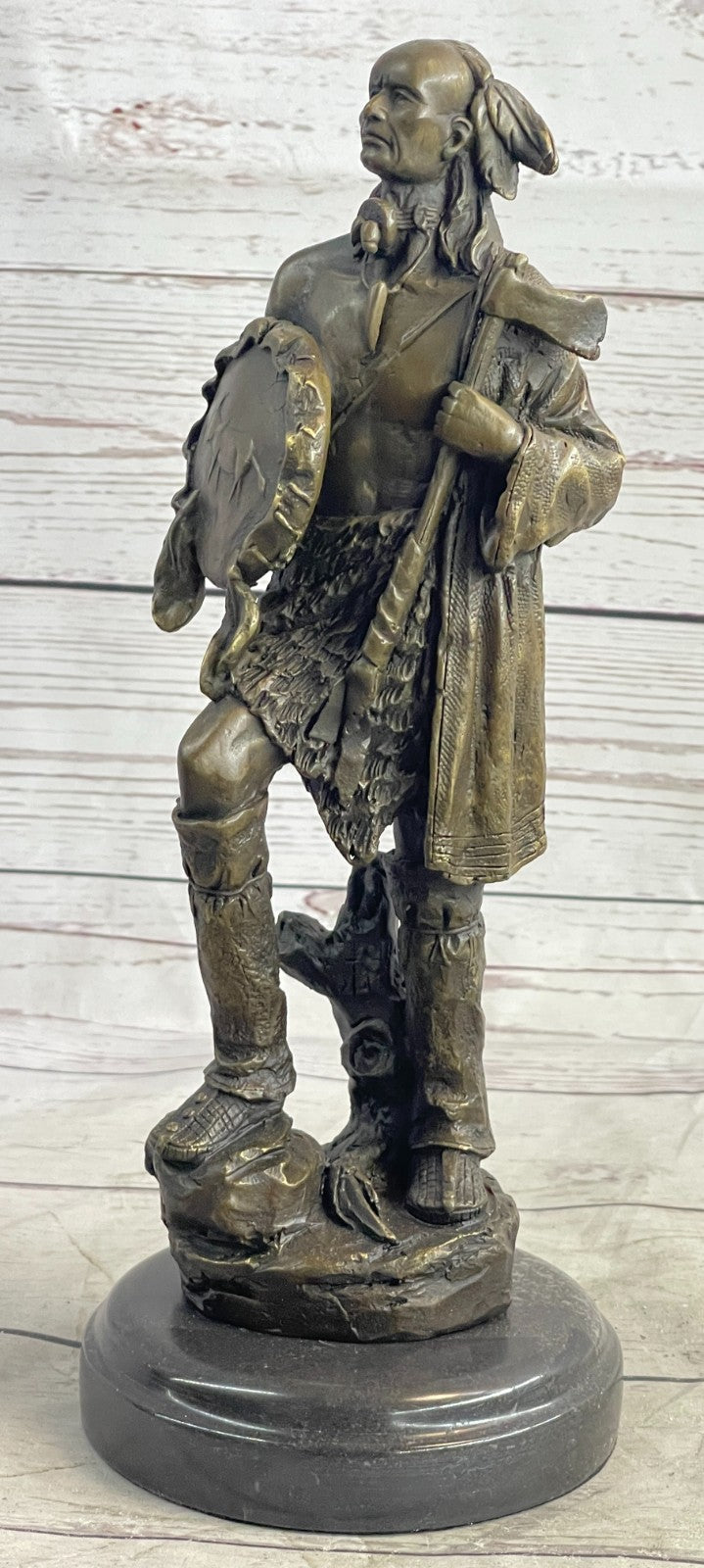 Handcrafted Hot Cast Indian Chief with Ax and Shield Bronze Figurine Figure Stat
