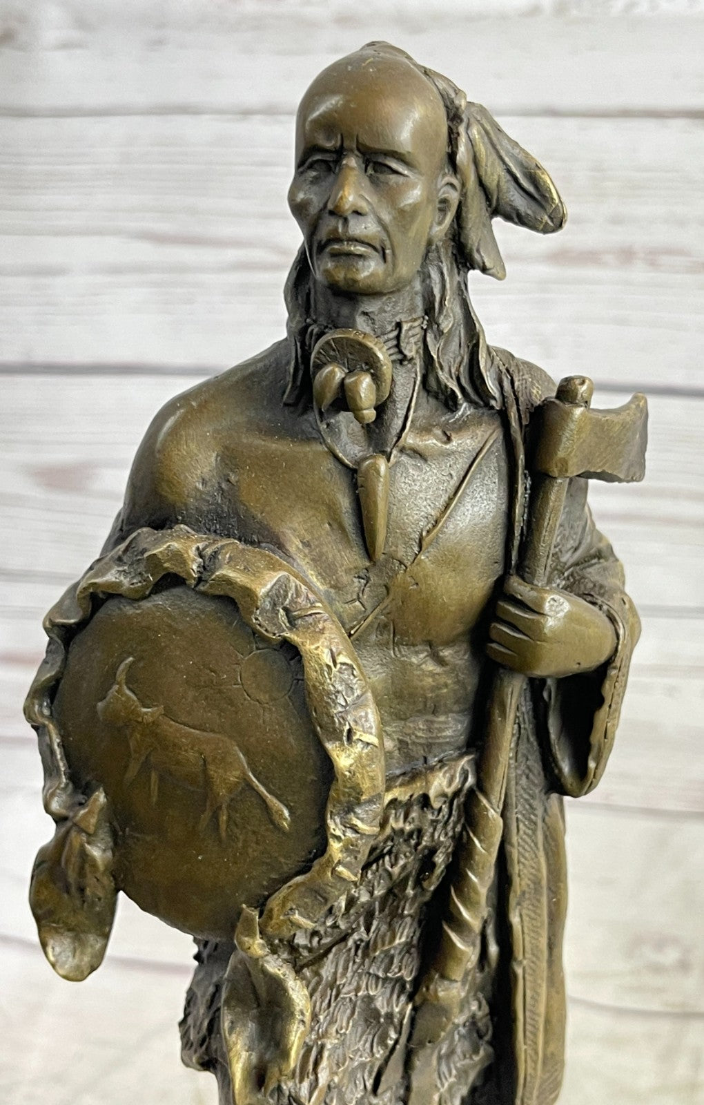 Handcrafted Hot Cast Indian Chief with Ax and Shield Bronze Figurine Figure Stat