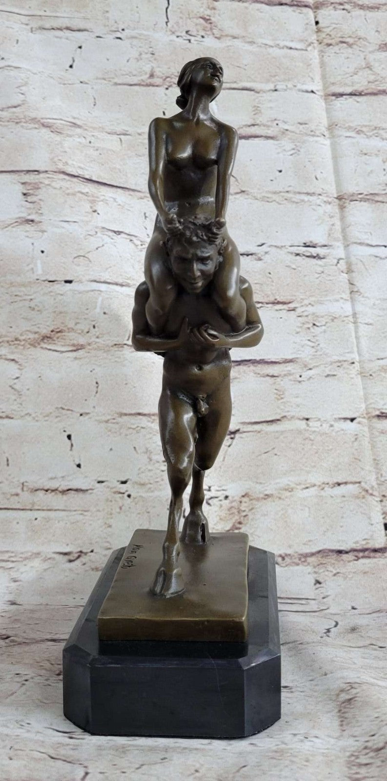 Bronze Mythology "Pan" Piggy Ride Satyr Sculpture Marble Base Greek God