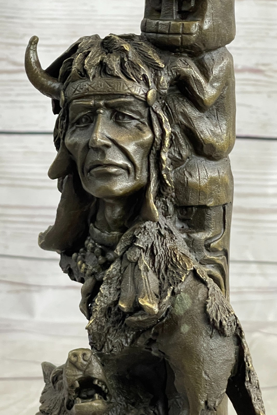 Signed Original Indian Warrior With Totem Pole Bird Bronze Sculpture Statue Gift