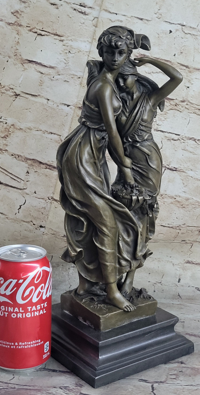 Art Nouveau Two Maiden with Flower Basket Bronze Sculpture Marble Base Deal