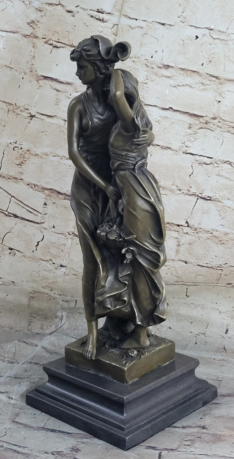 Art Nouveau Two Maiden with Flower Basket Bronze Sculpture Marble Base Deal
