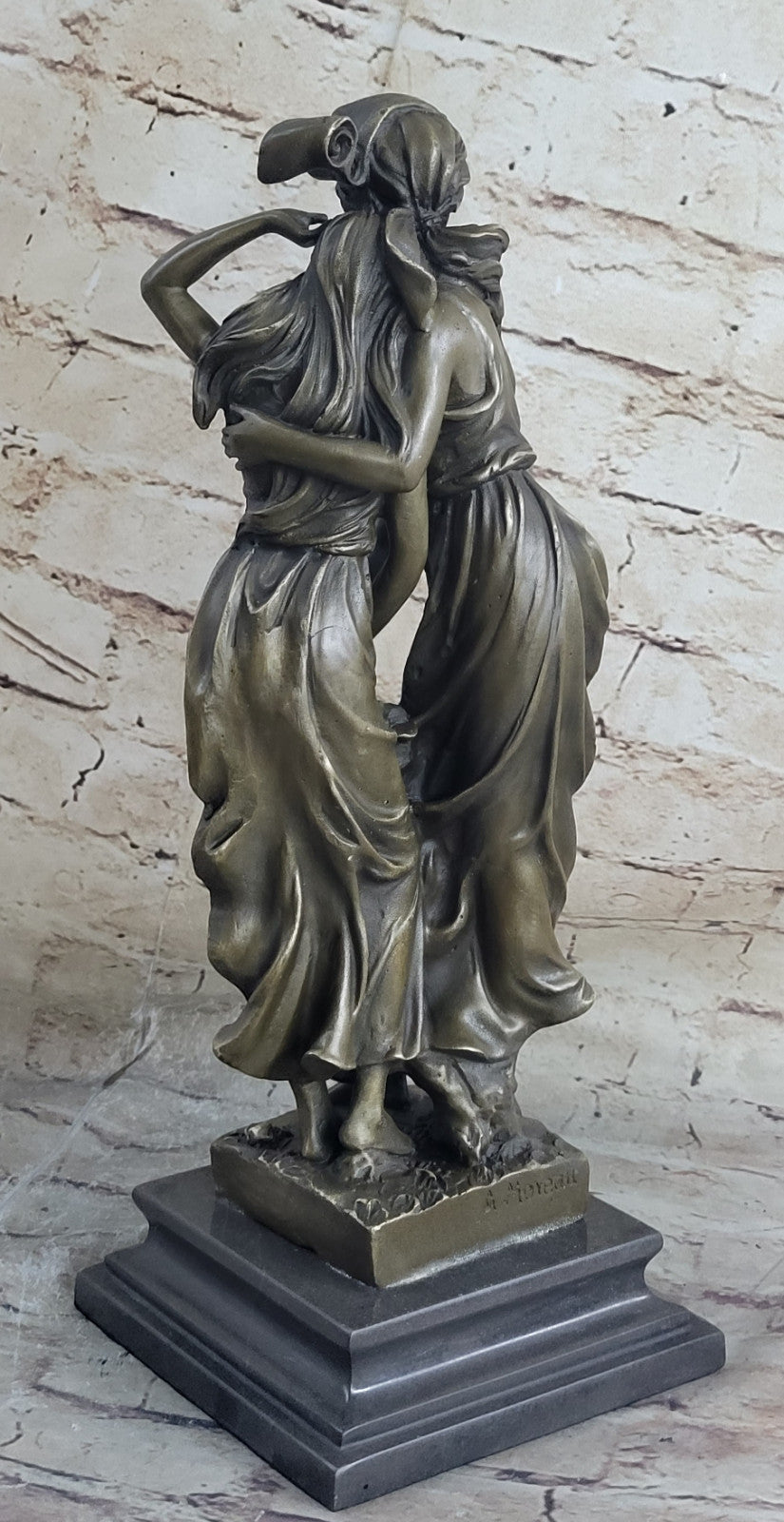 Art Nouveau Two Maiden with Flower Basket Bronze Sculpture Marble Base Deal
