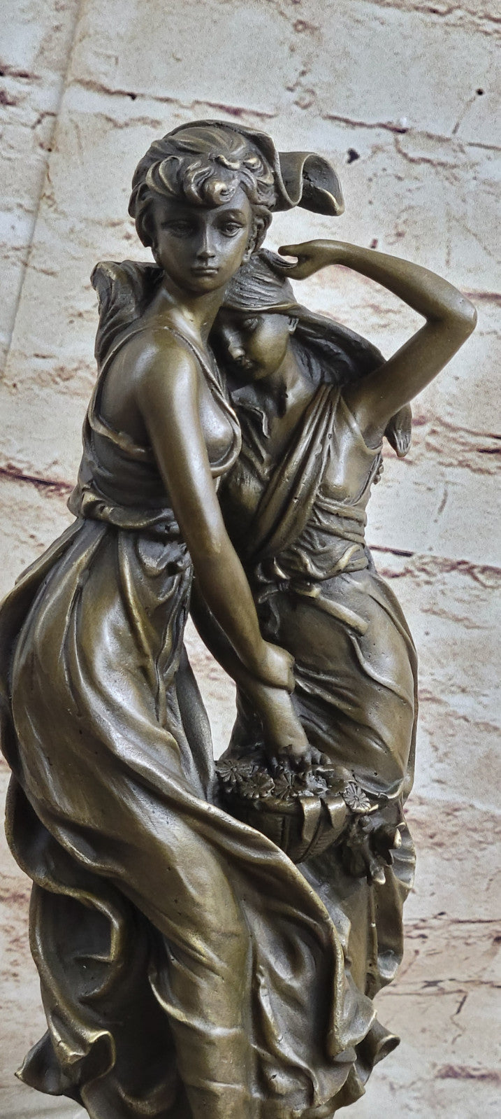 Art Nouveau Two Maiden with Flower Basket Bronze Sculpture Marble Base Deal