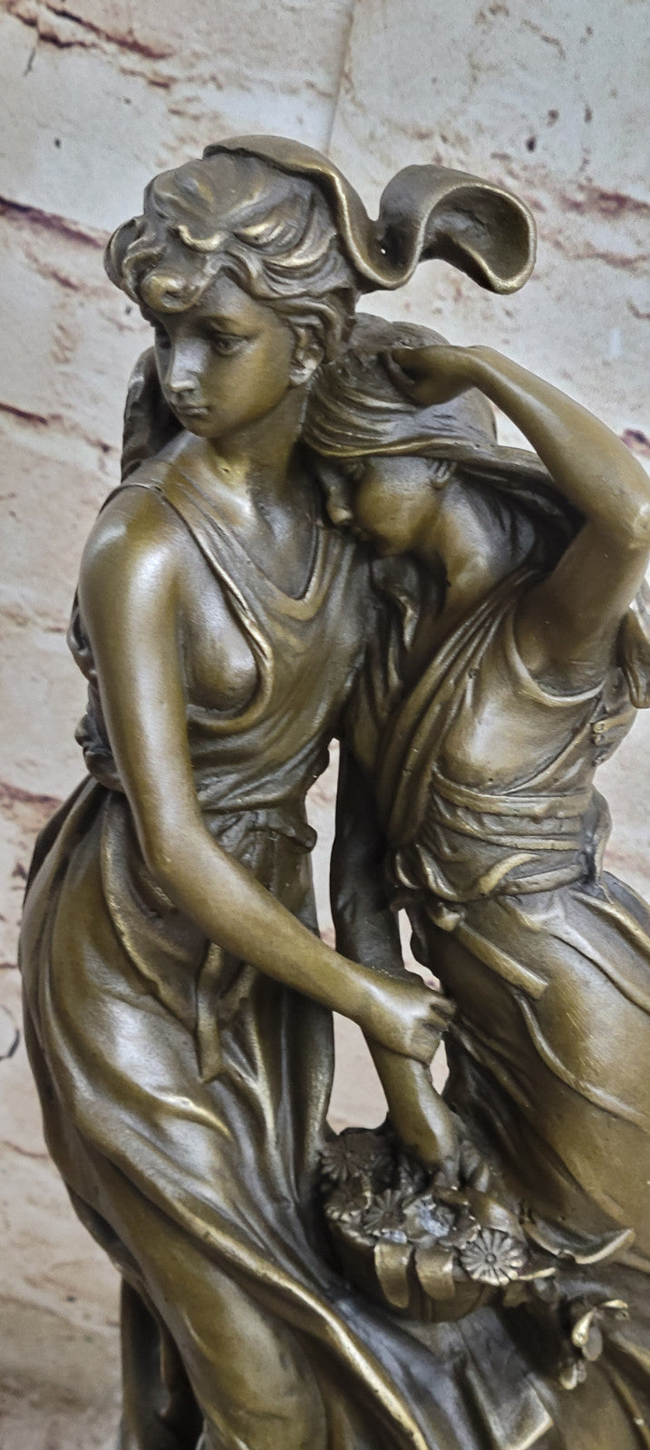 Art Nouveau Two Maiden with Flower Basket Bronze Sculpture Marble Base Deal