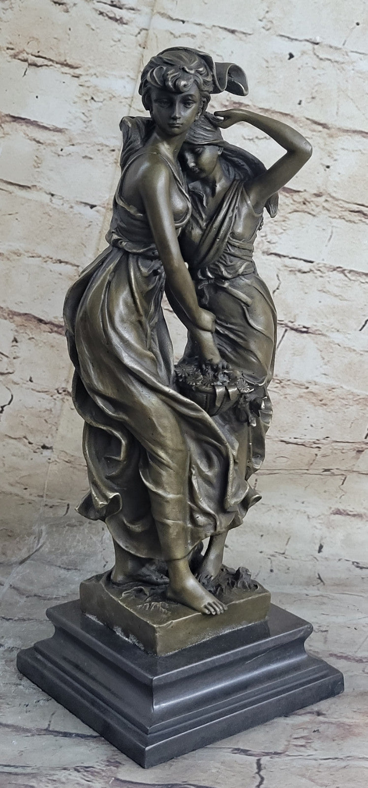 Art Nouveau Two Maiden with Flower Basket Bronze Sculpture Marble Base Deal