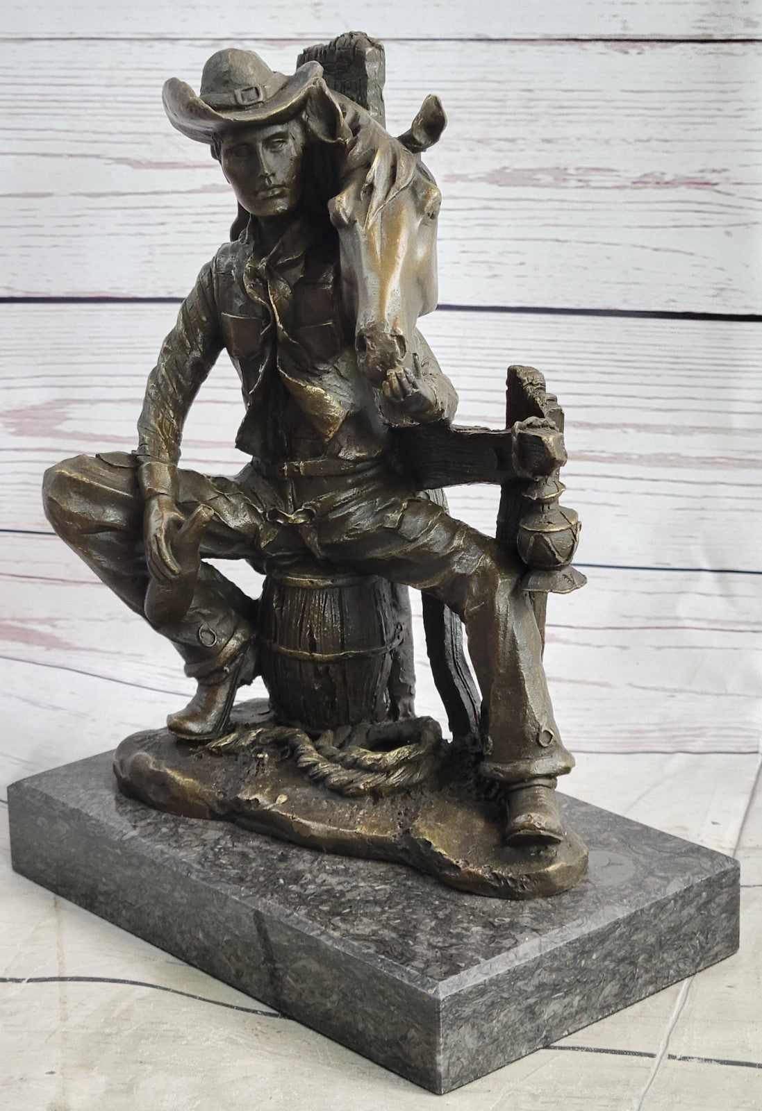 Fisher Large Bronze Sculpture Parting In Way Signed Horse Cowboy Western Artwork