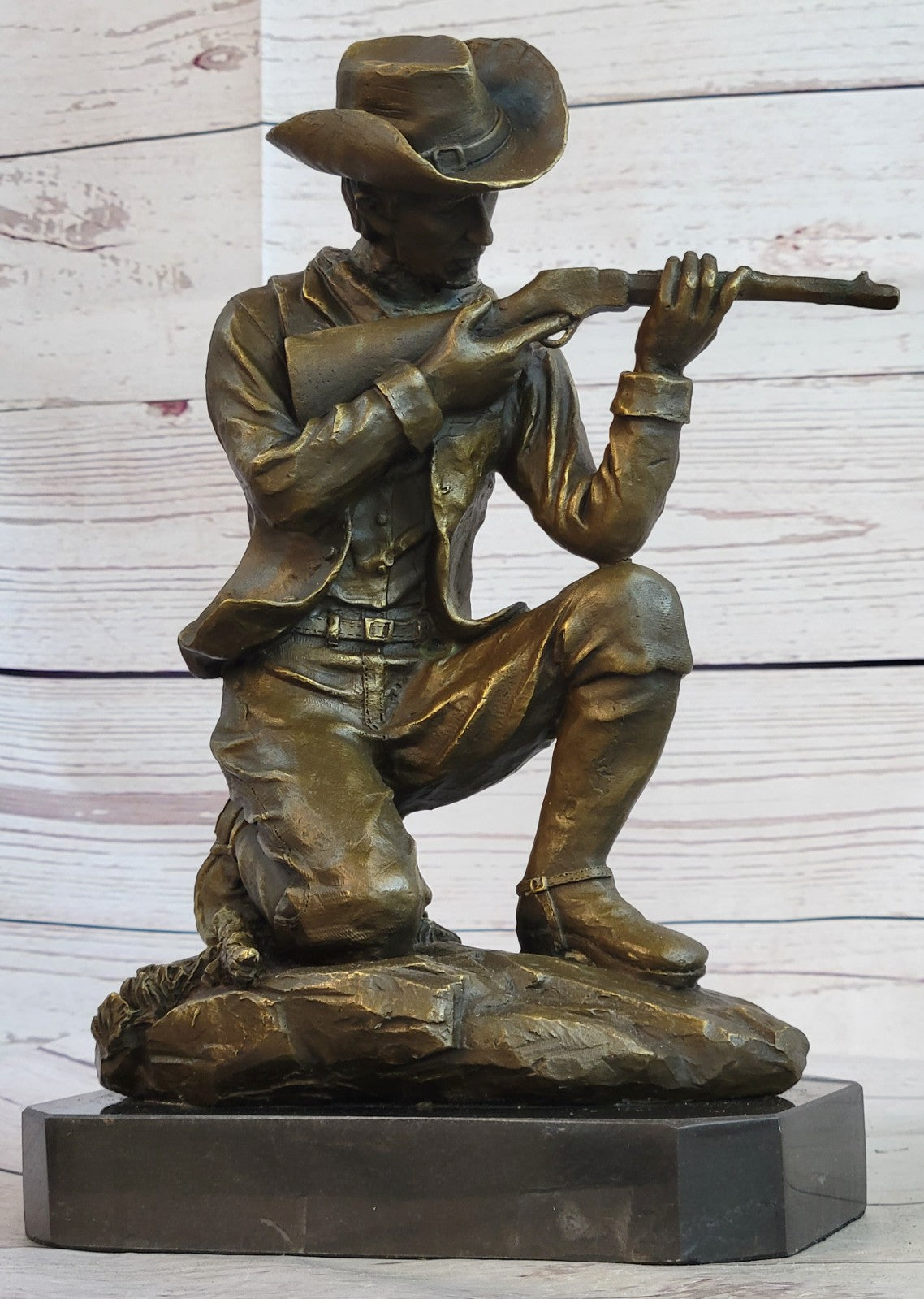 Handcrafted bronze sculpture SALE Rifle Bullet Gun W/ Cowboy Deco Art Western