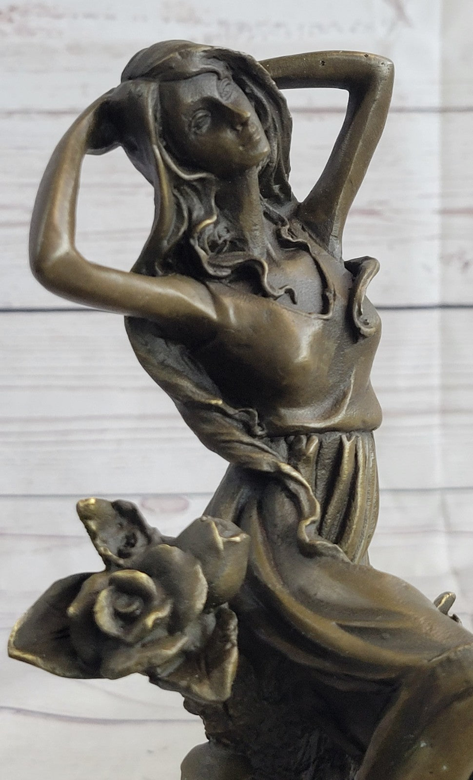 Handcrafted Art Nouveau Sexy Maiden with Bunch of Roses Flower Bronze Figurine