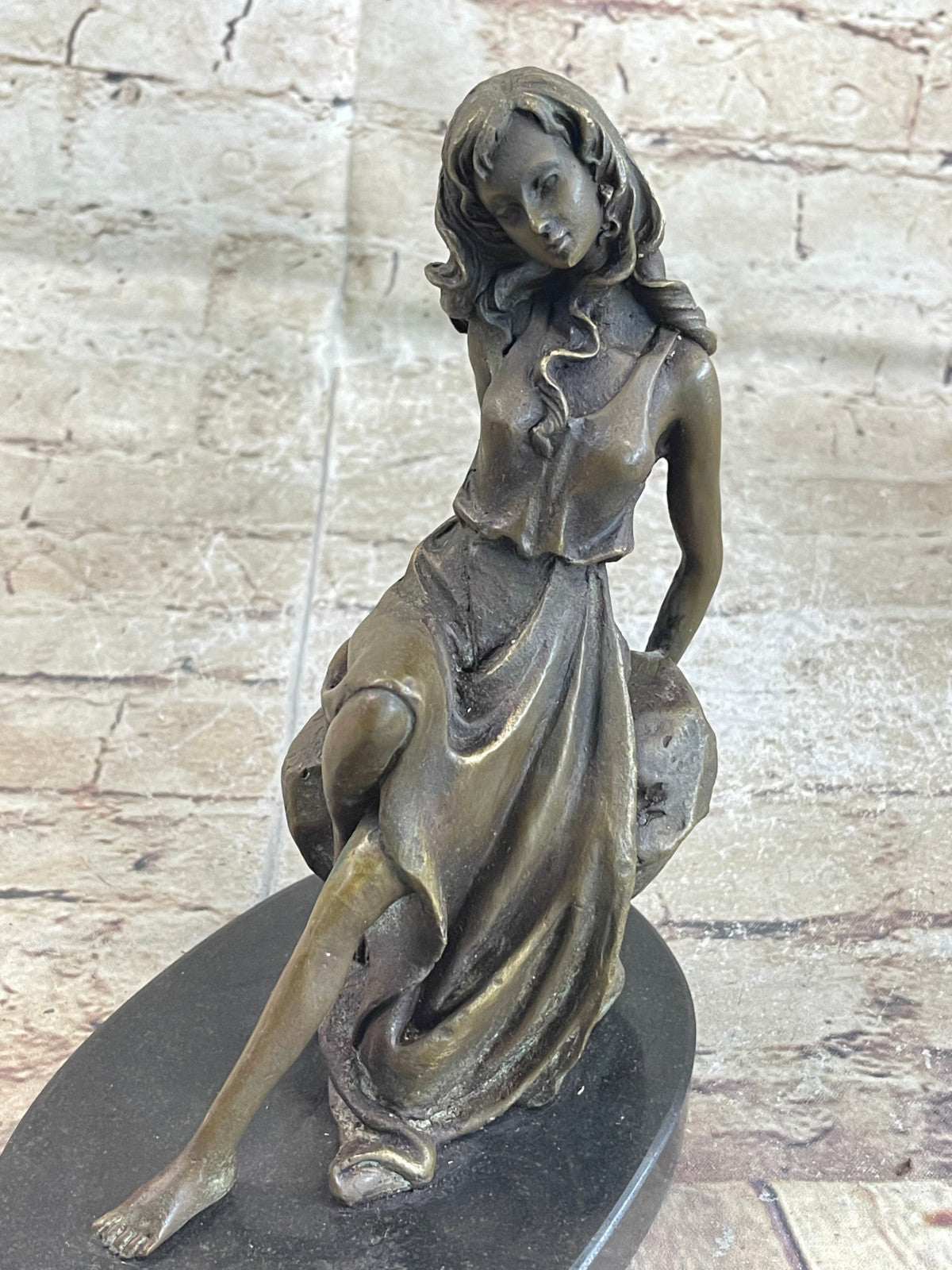 Bronze Sculpture Hand Made Original Mavchi Relaxed Woman on the Rock Figurine