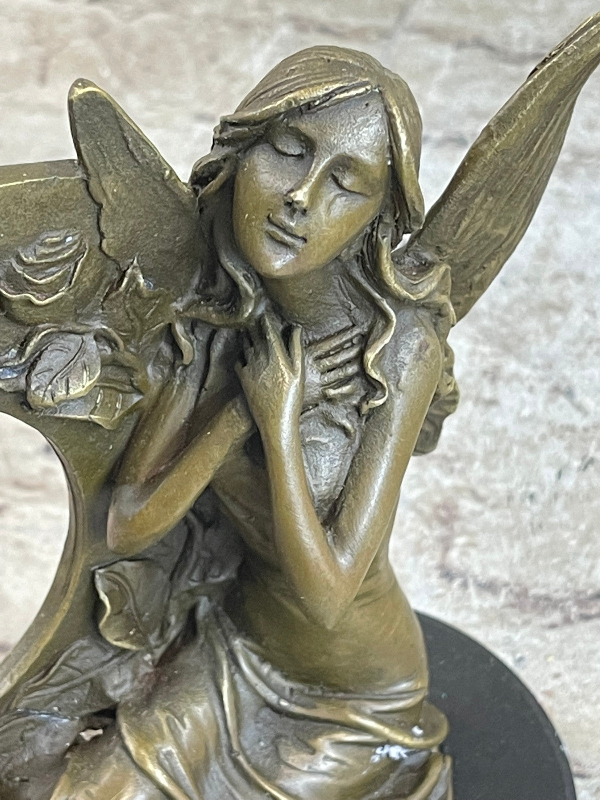 NUDE FAIRY 100% BRONZE FANTASY ART NOUVEAU WINGED WOOD NYMPH SCULPTURE STATUE