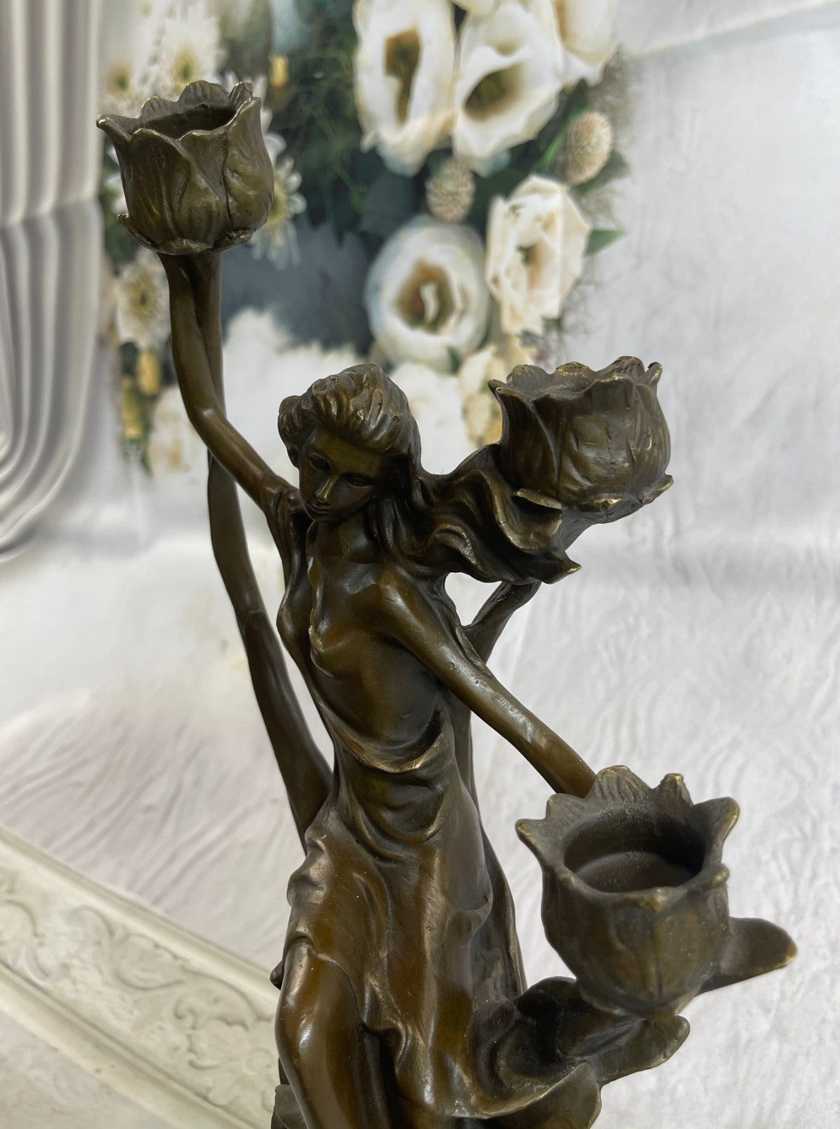 Hot Cast Hand Made Candle Holder Sexy Nymph with Flowers Bronze Statute Deal