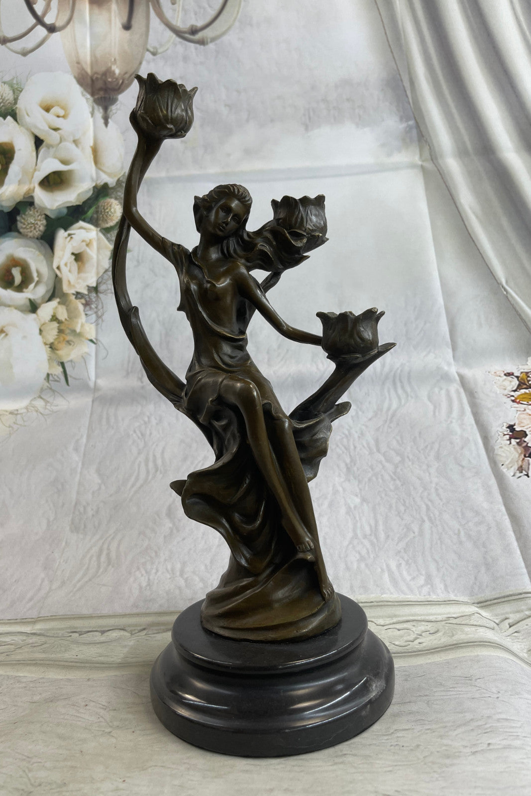 Hot Cast Hand Made Candle Holder Sexy Nymph with Flowers Bronze Statute Deal