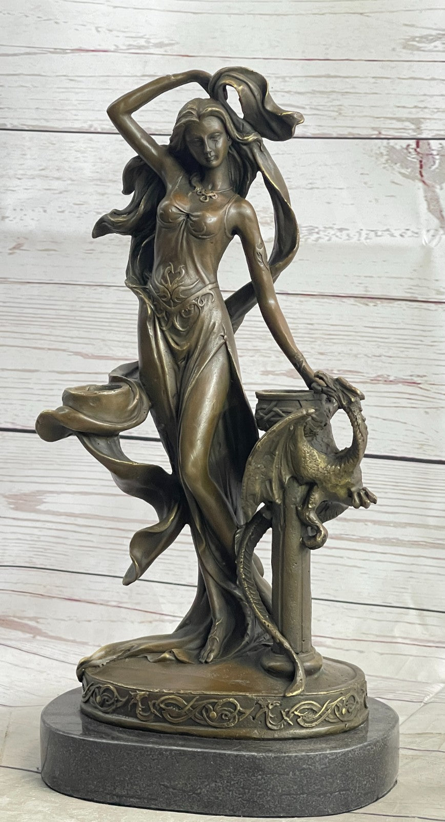 Signed Original Floral Goddess Candle Holder Bronze Marble Sculpture Statue De