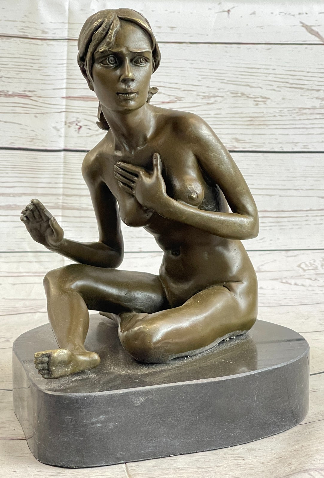 GENNARELLI Art Deco bronze of a nude woman Touching her Breast, marble base.