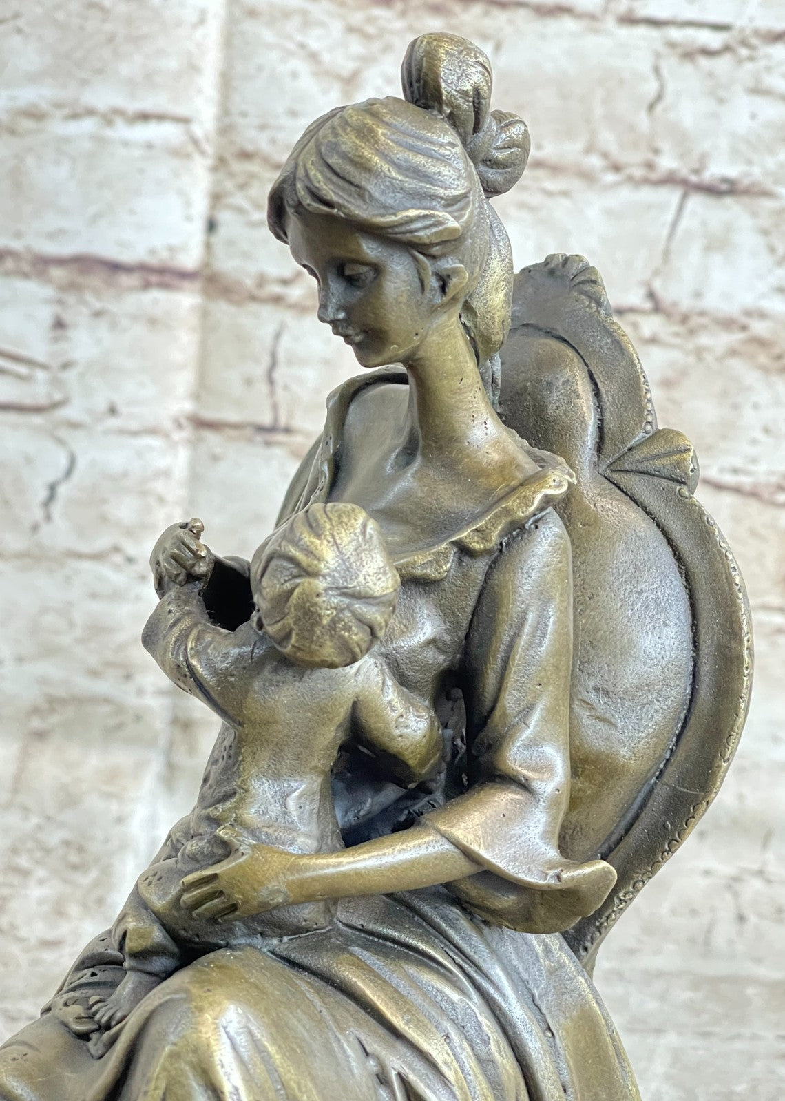 Vintage Lady Girl Woman holding baby Children 100% Bronze Sculpture Statue Sale