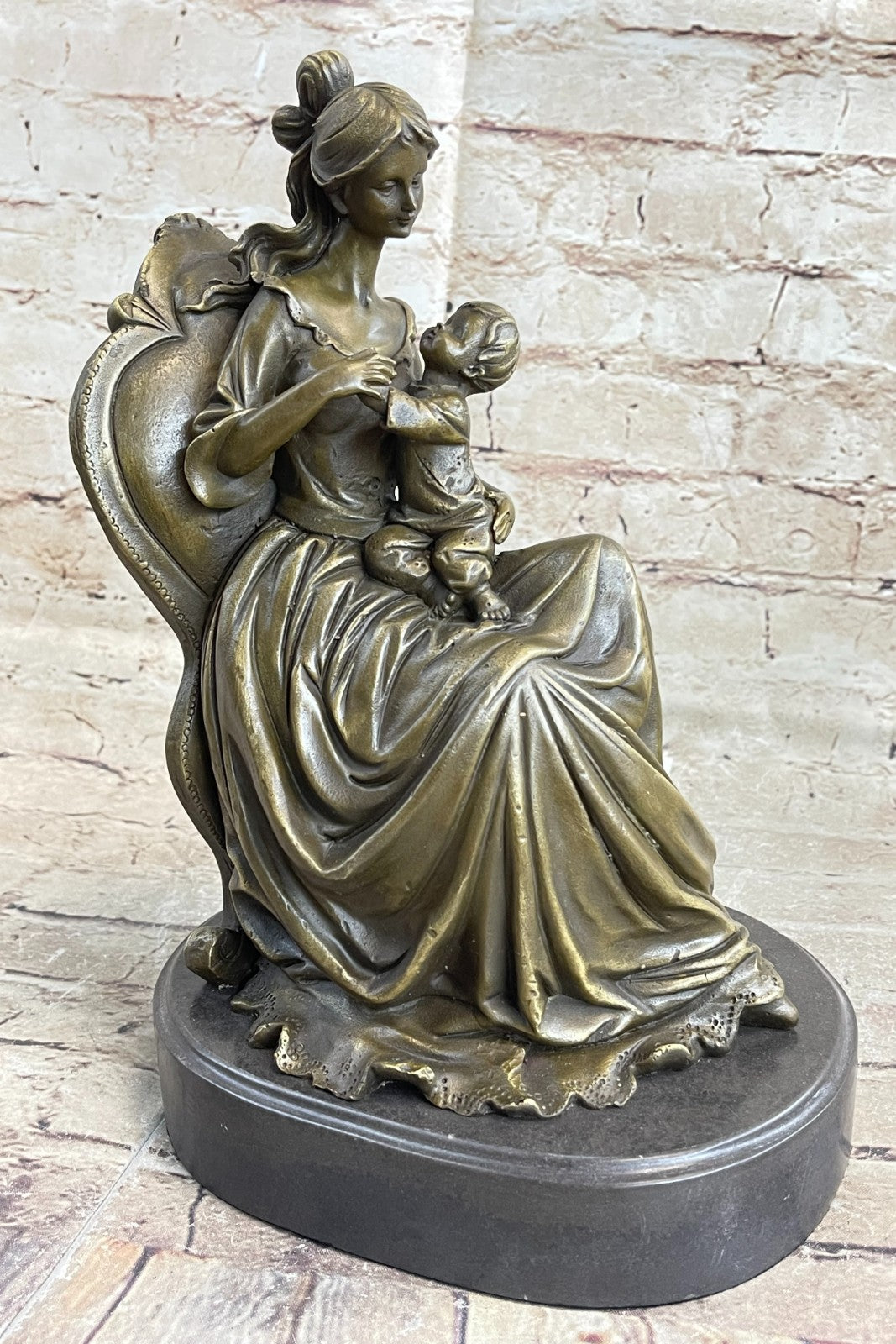 Vintage Lady Girl Woman holding baby Children 100% Bronze Sculpture Statue Sale