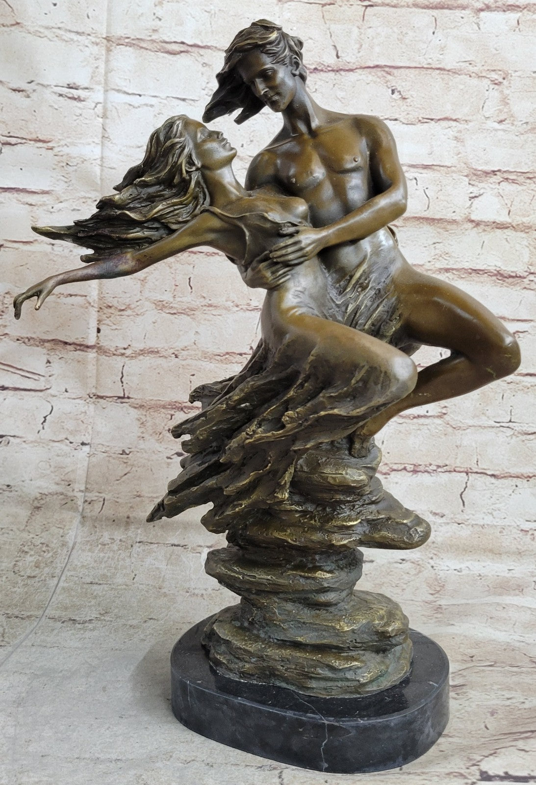 Original Aldo Vitaleh Tall Nude Lean Couple Bronze Sculpture Marble Base Statue