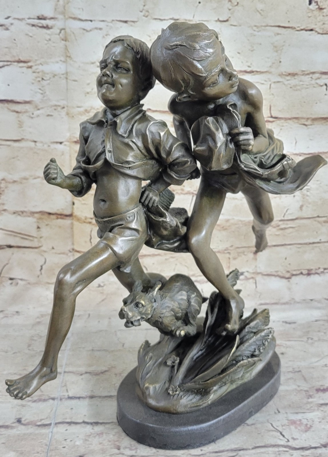 VINTAGE ALDO VITALH BRONZE "BOY RUNNING WITH DOG" SCULPTURE ON MARBLE BASE SALE