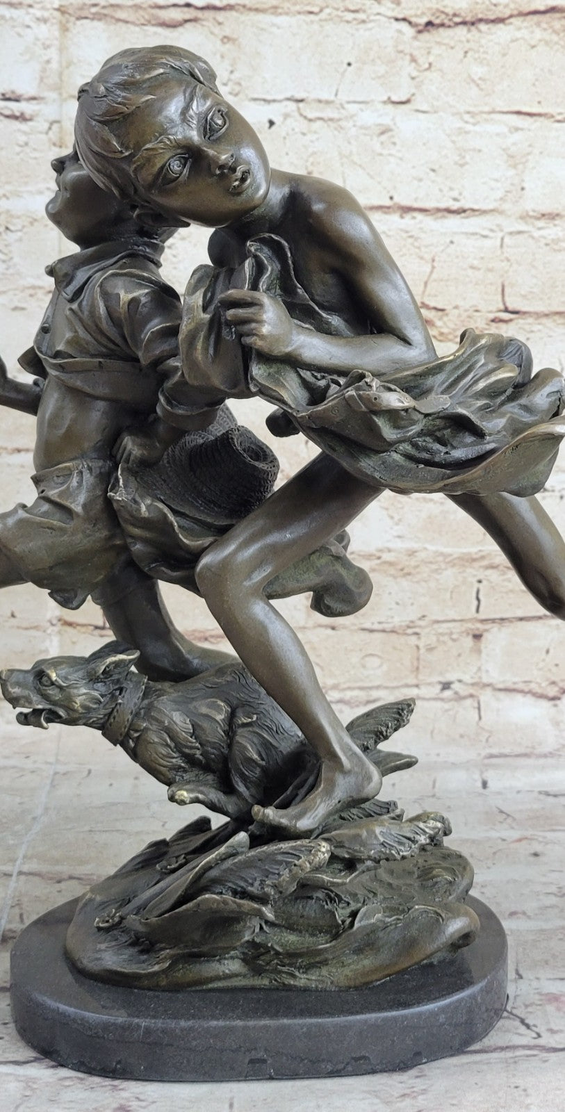VINTAGE ALDO VITALH BRONZE "BOY RUNNING WITH DOG" SCULPTURE ON MARBLE BASE SALE