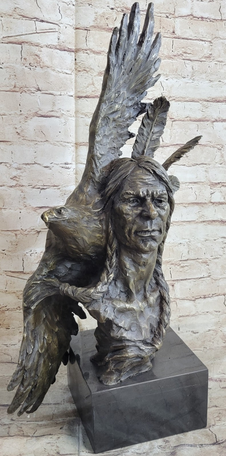 Handcrafted bronze sculpture SALE Bust Eagle Chief Native Indian Marble 26" art