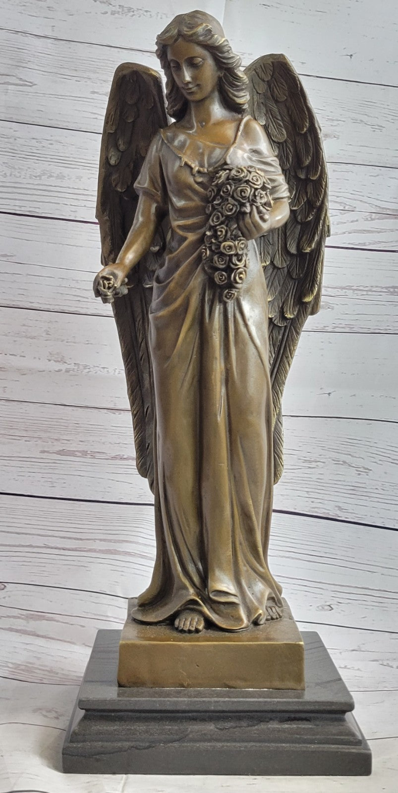 Young Angel Bronze Statue with Flower Bouquet  Indoor/Outdoor Sculpture Statue