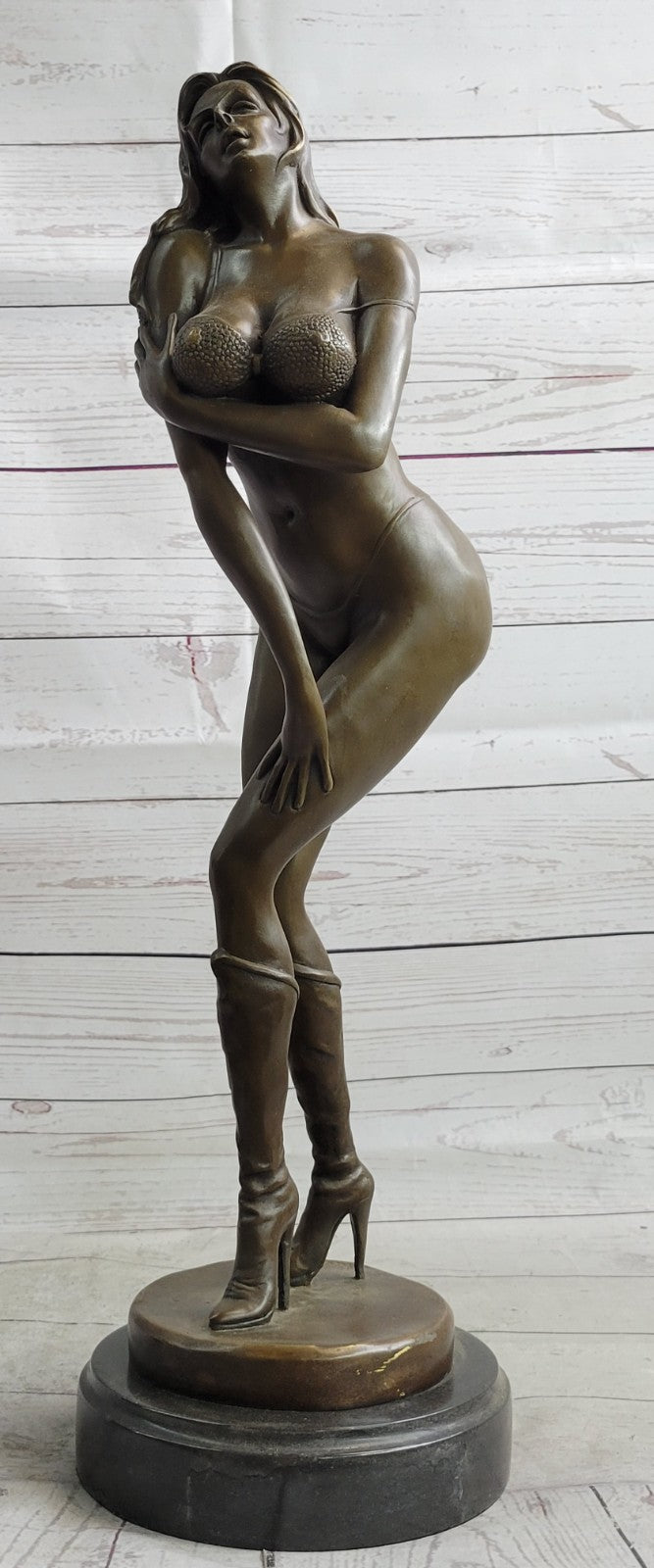 Provocative Vitaleh Bronze Figurine: Sexy Woman with Bikini and Boots, Signed Hot Cast Sculpture